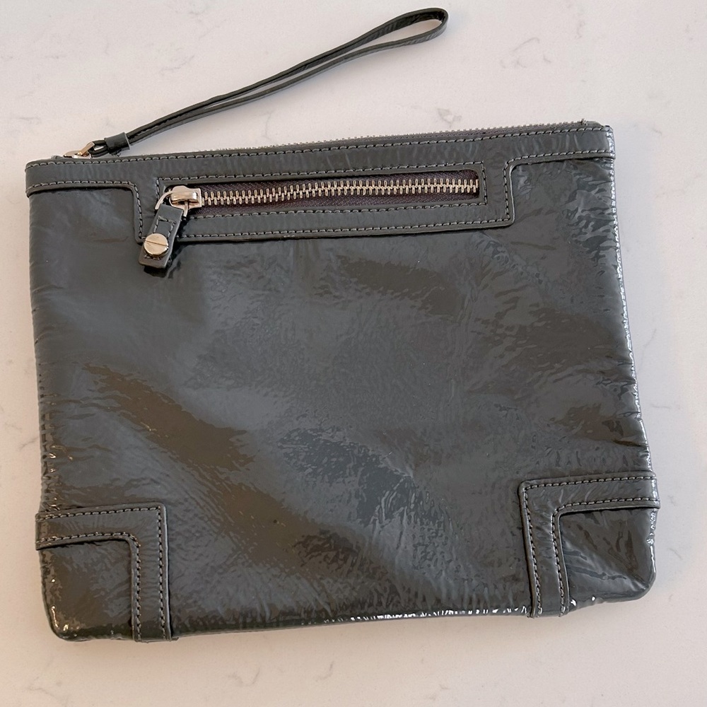 Grey faux patent letter large wristlet, clutch or pouch.